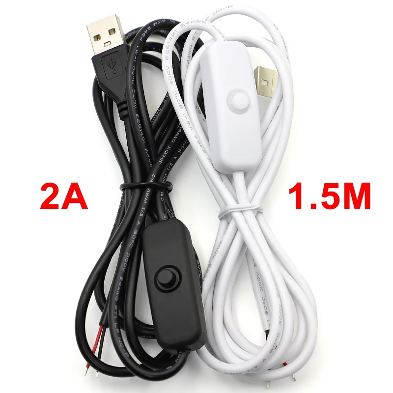 Новый 2A 5V переключатель питания, провод 1,5 м USB «папа» на 2-ядерный соединительный кабель 501, кнопка включения и выключения для светодиодных лент, черный/белый
