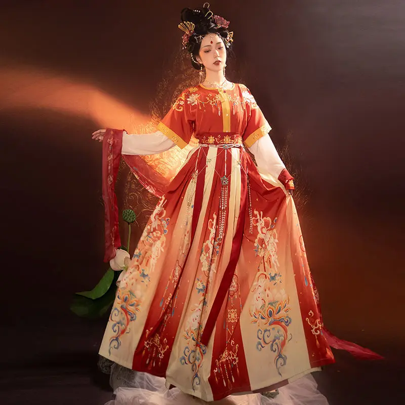 Фото ‌ Комплект Hanfu Dynasty Tang — топ с перекрестным воротником и высокой талией, юбка и шарф, костюм Dunhuang для восточных танцев для женщин №4
