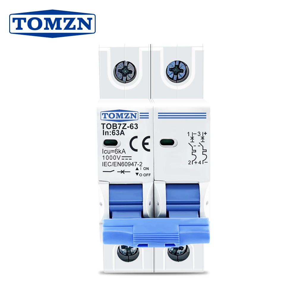 TOMZN TOB7Z-63 2P DC 1000V Solar Mini Circuit Breaker 3A 6A 10A 16A 20A 25A 32A 40A 50A 63A DC MCB для PV системы