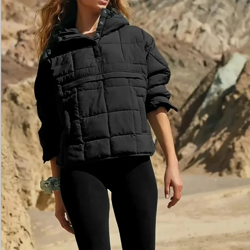 Фото Herbst Frauen парка Schwarz Einfarbige Langärmelige Kapuzentasche Jacke Frauen Mantel Modische Midtube Modische pocossige Baumwoll №5