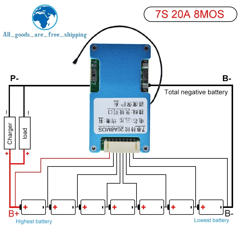 Фото TZT BMS 7S 24 в 15 а 20 А 25 А литий-ионная Lmo Тройная литиевая батарея 18650 Защитная плата баланса заряда и температурная защита NTC №5