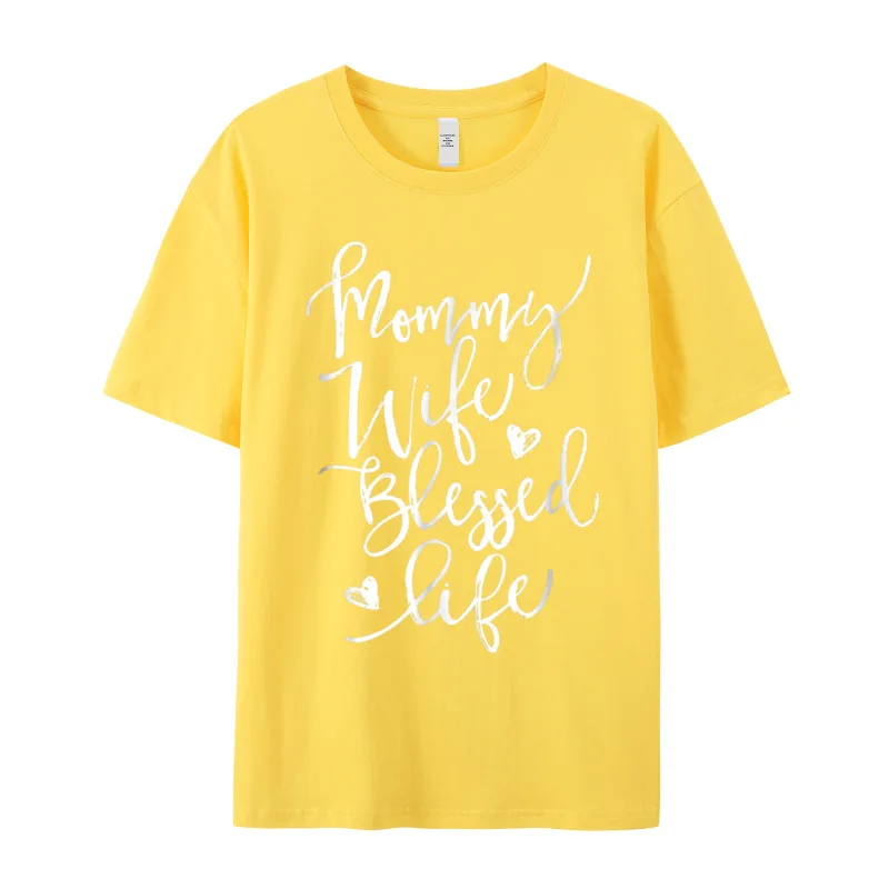 Фото FunnySummer Short Sleeve Tees Summer Discount O Neck Cotton Tops T Shirt Woman T Shirts Mama Wife Blessed Life Funny №3