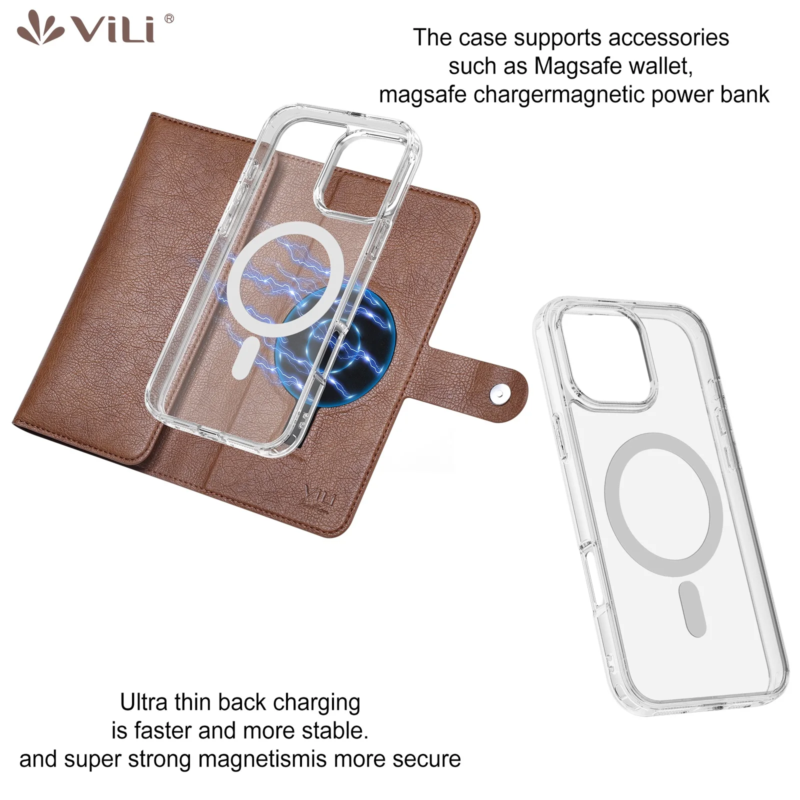 Фото Съемный магнитный кошелек ViLi (блокировка RFID) держатель для карт для iPhone 16 15 14 Pro Max Plus с беспроводной зарядкой, прозрачный чехол MagSafe №5