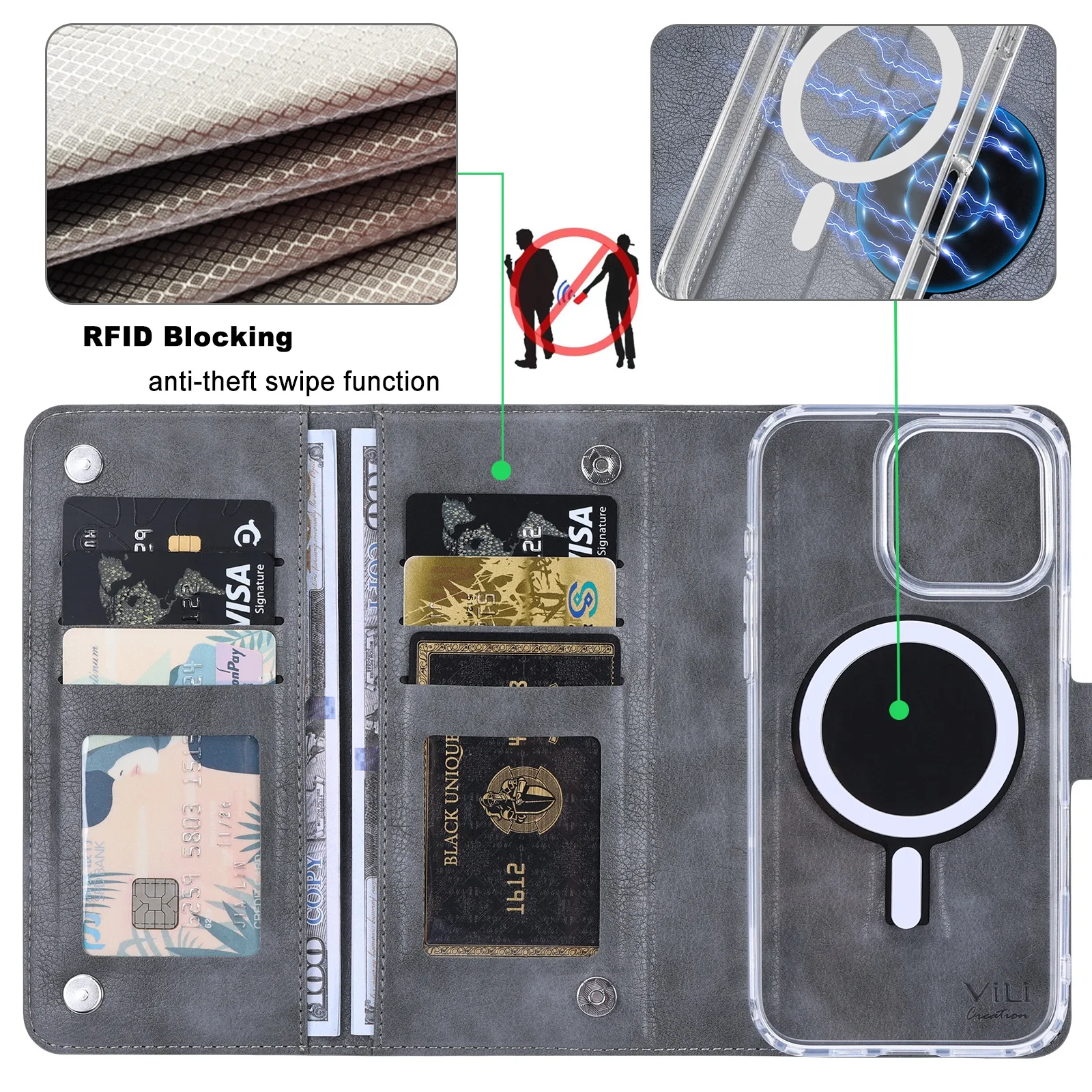 Фото Съемный чехол-кошелек (блокировка RFID), держатель для карт, Магнитный чехол Magsafe с беспроводной зарядкой для iPhone 16 15 14 13 Pro Max Plus №2