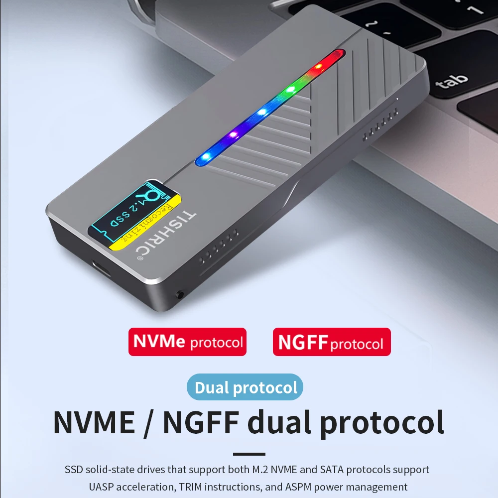 Фото TISHRIC 10 Гбит/с RGB M/B+M Key SSD M2 NVME NGFF Корпус внешнего жесткого диска M.2 Type C HDD Корпус с экраном дисплея для игр №2