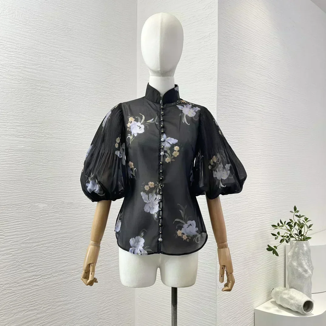 Фото Black 2024 New Fall Floral Print Puff Half Sleeves Blouse Tops and Overlay Cascading Pleat Midi Skirt Women Vintage Holiday Set №4