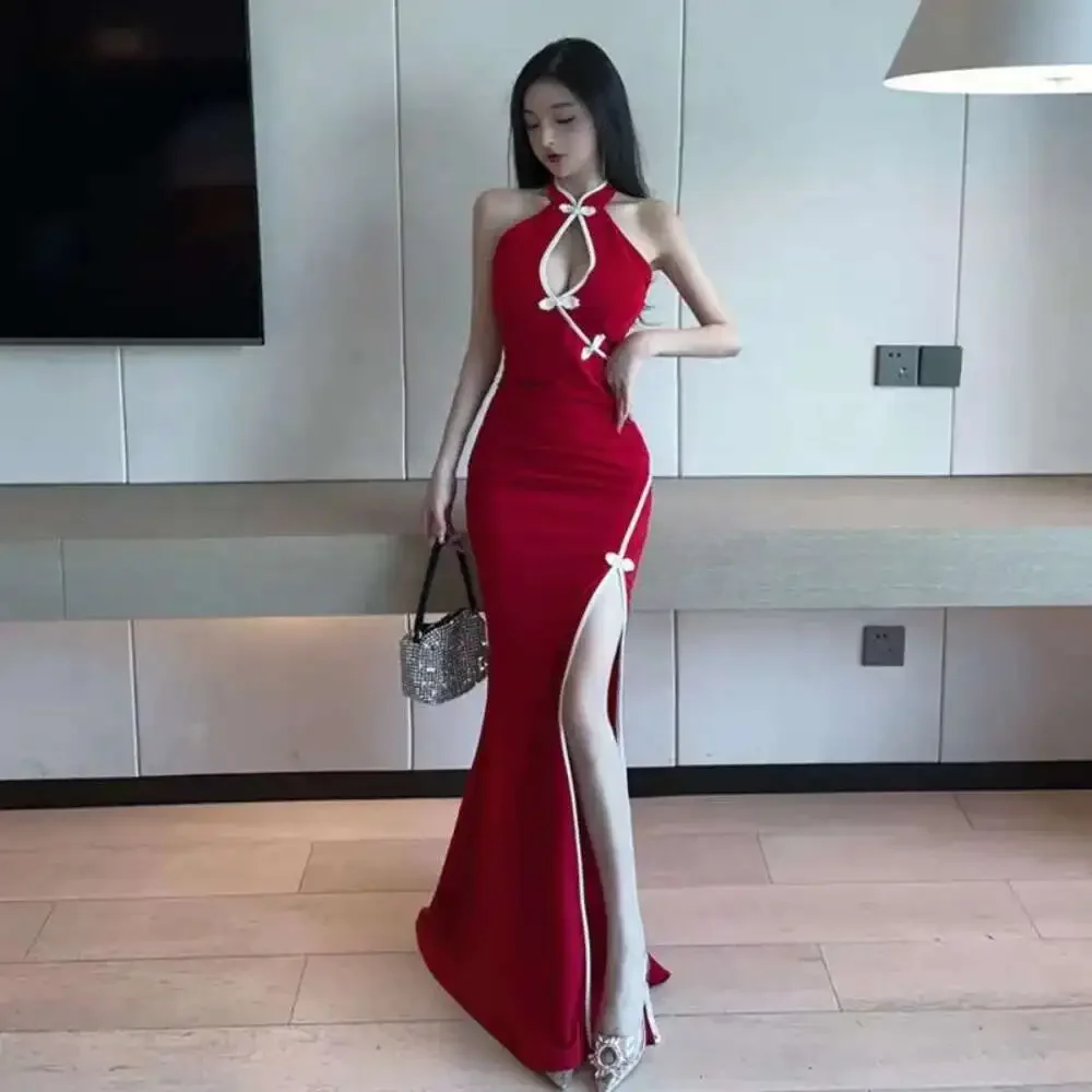 Современное Cheongsam, сексуальное женское ретро китайское тонкое длинное Ципао с рыбьим хвостом, восточное черное, синее, красное Ципао, вечерние платья больших размеров Этническая одежда