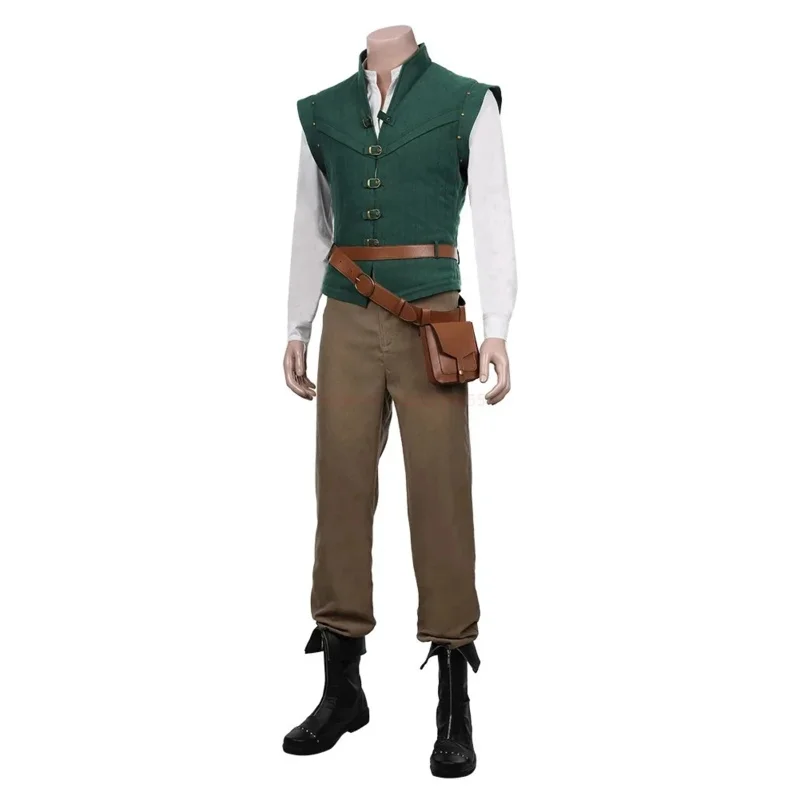 Фото Костюмы для косплея Flynn Rider, наряд для взрослых, куртка, рубашка, жилет, брюки, поясная сумка, полный комплект, костюм для вечеринки в стиле комиксов на Хэллоуин, подарок №5
