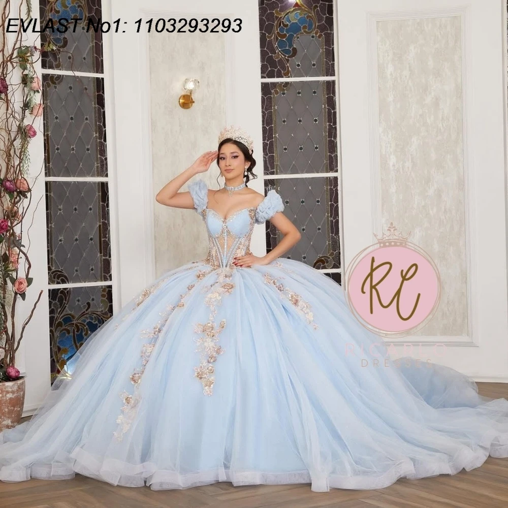 EVLAST индивидуальное блестящее голубое бальное платье Quinceanera, кружевное платье с аппликацией и бисером, корсет Sweet 16, Vestidos De 15 Anos E1Q901