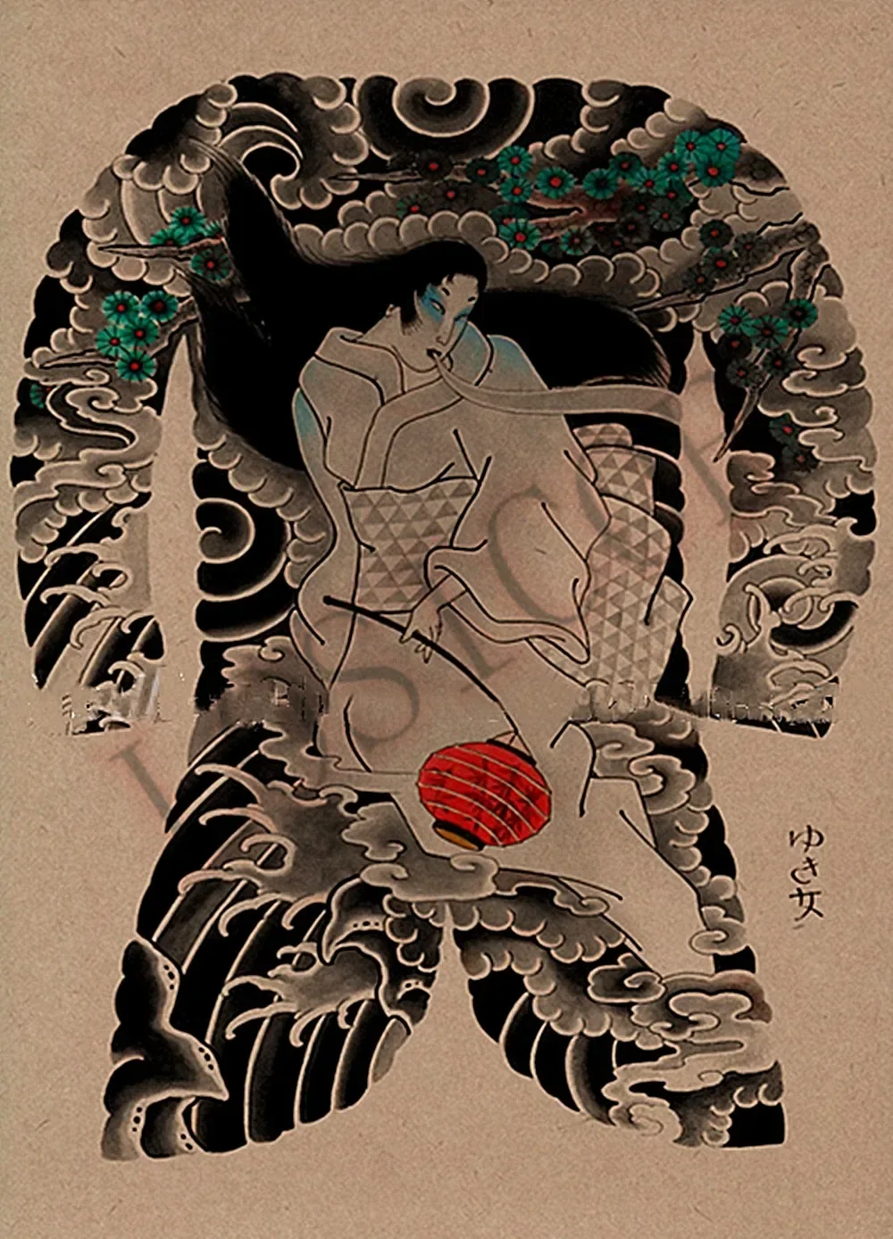 Ретро татуировка на теле, художественный постер Ukiyo-e, художественные работы, обои, винтажные матовые крафт-бумаги, печать, живопись, настенная наклейка, украшение для дома 1