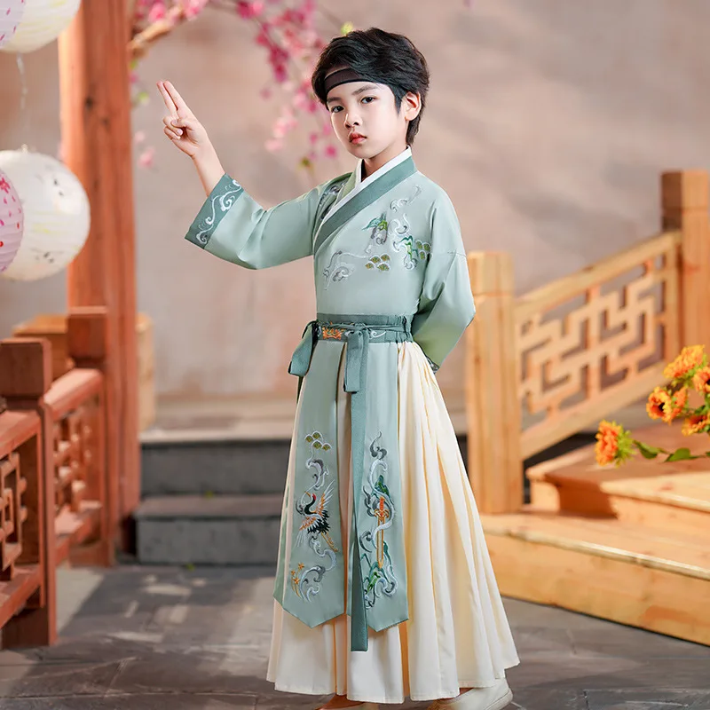 Фото Одежда Hanfu для мальчиков, комплект детской одежды, синий, красный, традиционный китайский костюм, сценический весенне-осенний улучшенный детский костюм Hanfu №3
