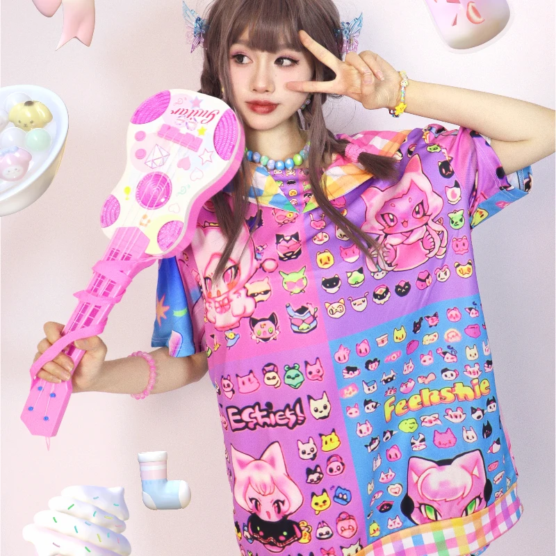 Новые женские футболки Kawaii, милые, крутые, темно-синие, с мультяшным анимацией, свободный принт, женская футболка с короткими рукавами, два в одном, платье (art.: 3920cd8c62b6a) - 3920cd8c62b6a