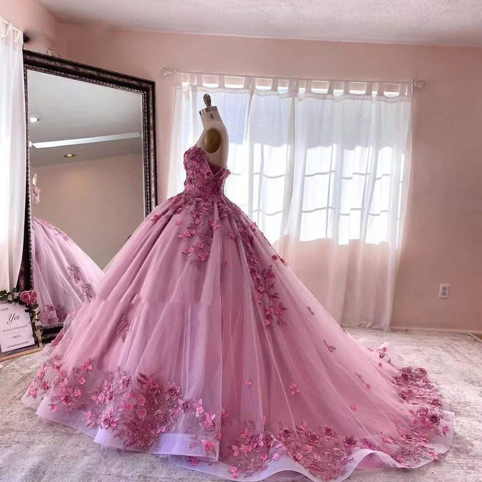Розовые бальные платья, фатиновые платья Quinceanera, кружевные аппликации, милые цветы, выпускной, элегантная принцесса 15, Ballkleider 2024