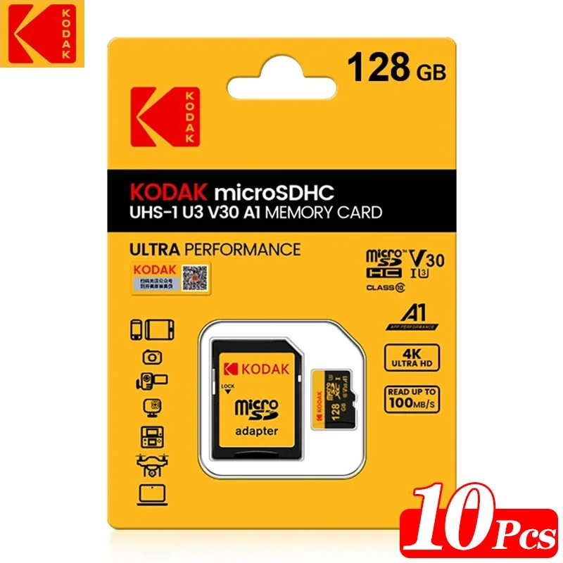 10 шт. Kodak оригинальная карта TF Micro SD 128 ГБ карта памяти Microsd Class10 флэш-карта высокоскоростная с адаптером SD на телефоне или камере