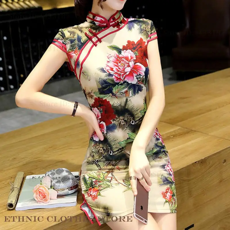 Фото Женское китайское платье размера плюс 3XL, винтажное классическое платье Cheongsam с воротником-стойкой, сексуальное платье с цветочным принтом, восточная одежда №2