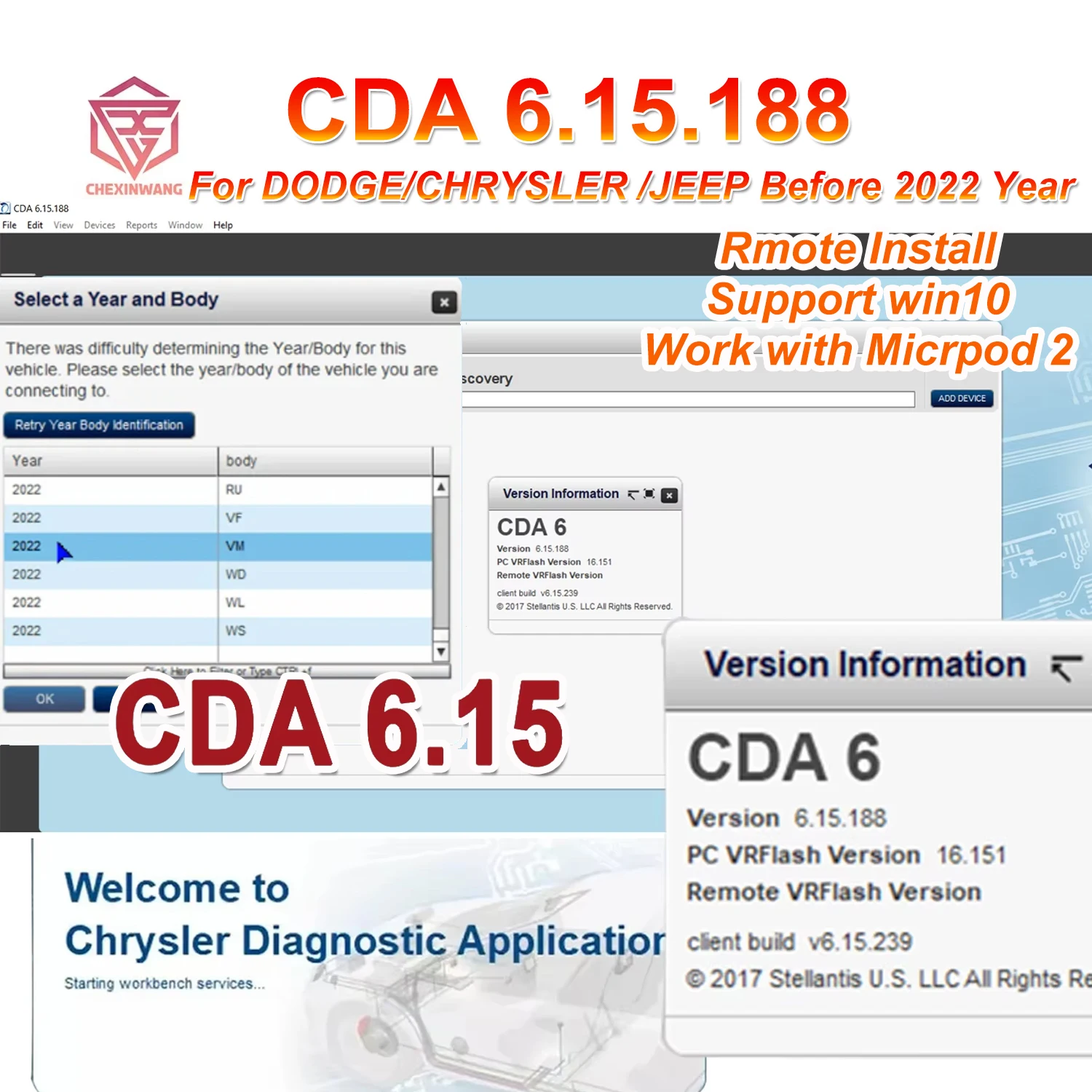 Новейшее инженерное программное обеспечение CDA 6 CDA 6.15.188. Работает с MicroPod 2 II для загрузчика флэш-памяти и EDITING VIN для DODGE/CHRYSLE.