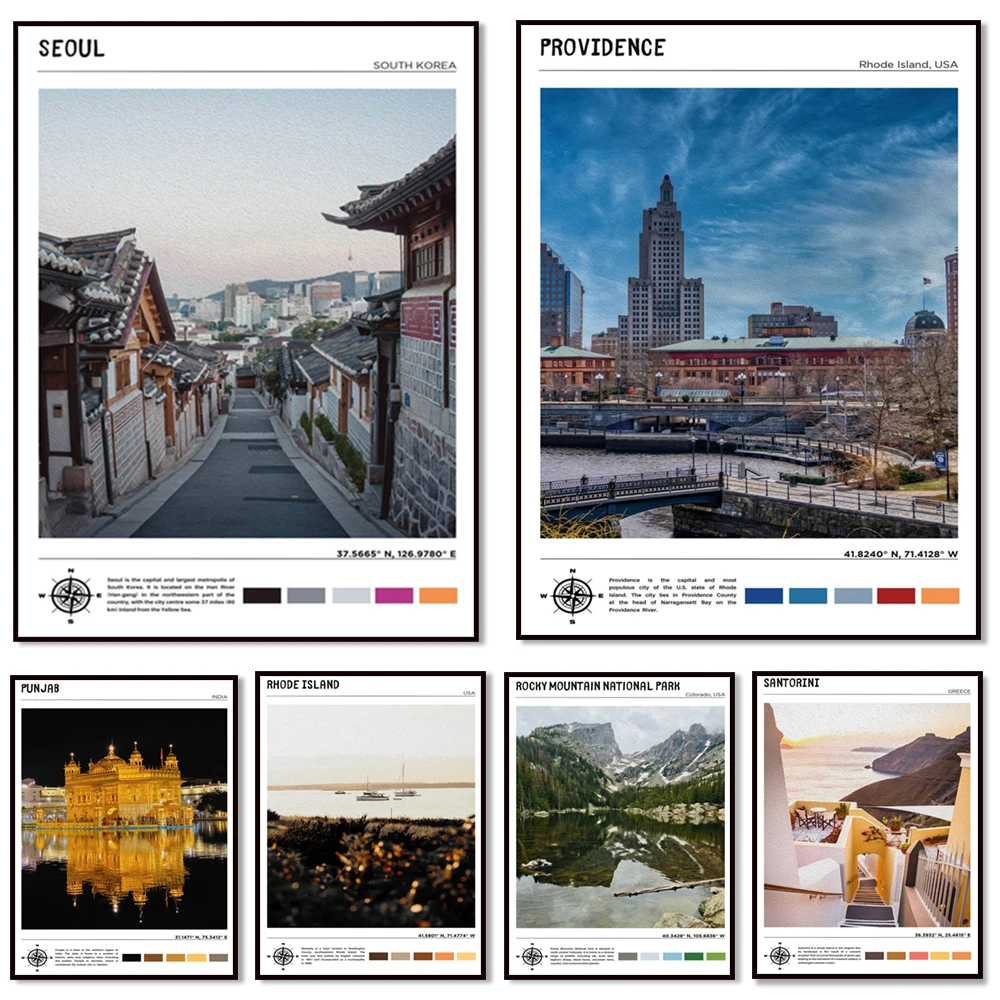 Seoul, Sarajevo, Santorini, Россия, Румыния, Рокки-Горы, Raleigh Северная Каролина, Punjab, Providence, Популярные туристические плакаты Porto