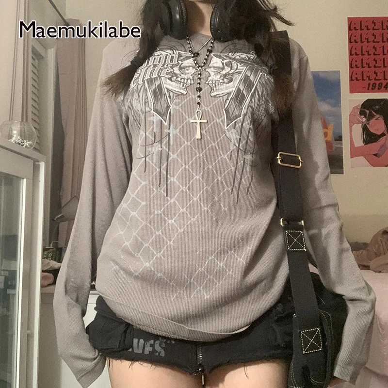 Maemukilabe E-girl Готическая футболка с графическим принтом черепа 90-х винтажный торговый центр Готический гранж толстовки футболки Y2K эстетические Ретро пуловеры футболка