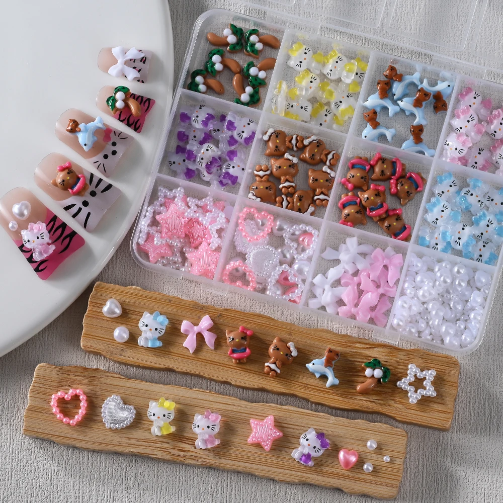 Фото 200 шт./кор. 3D Гавайи Черная кожа Hello Kitty подвески для ногтей с розовым/синим/популярным бантом Kitty Nail Art Kawaii Summer Kitty принадлежности для ногтей №3