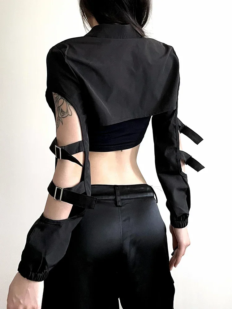 Фото Ажурная одежда Techwear, модные кардиганы, кибер-готика, на молнии, сексуальные укороченные куртки Y2k, панк, водолазка, уличная одежда, топы №2