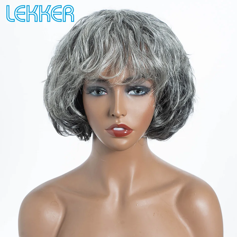 Фото Парик Lekker из коротких серебристо-серых волнистых человеческих волос, для пожилых женщин, бразильские волосы без клея, с солью и перцем, с цветной челкой №3