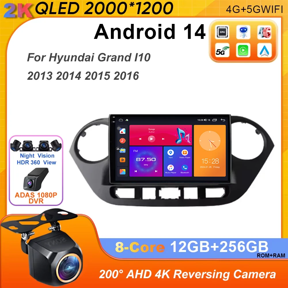 Android 14 Carplay Auto WIFI + 4G Автомобильное радио для Hyundai Grand I10 2013-2016 Навигация GPS Мультимиidia Видеоплеер Стерео 2DIN DSP