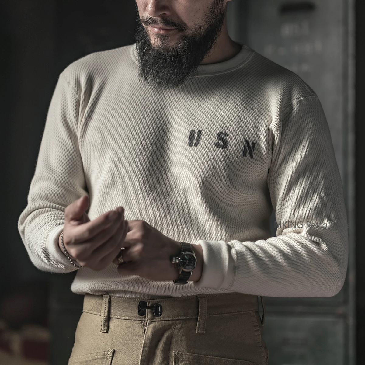 Bronson Тяжелая хлопковая вафельная рубашка с длинными рукавами USN, однотонная утолщенная футболка