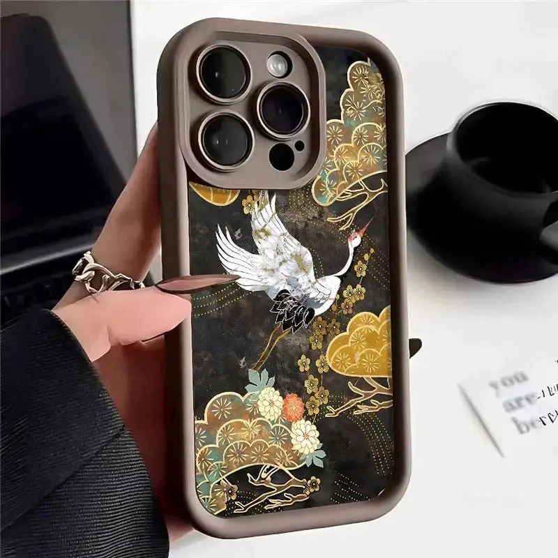 Чехол для iPhone в китайском стиле с красной короной и журавлем для iPhone 16, 15, 14, 13, 12, 11 Pro Max XR XS MAX 78 PLUS INS, мягкий противоударный чехол (art.: 3920cf1cb962d) - 3920cf1cb962d