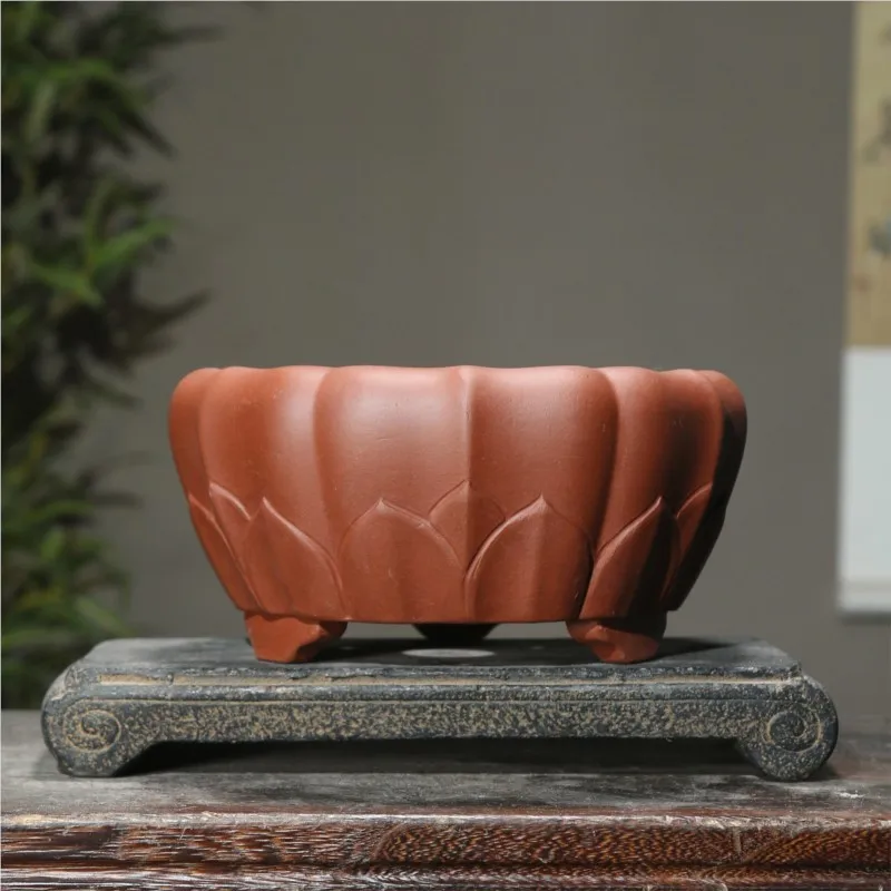 Chinese Purple Sand Flower Pots Lotus Shaped Zen Flowerpot Home Office Desktop Handmade Bonsai Potted Orchid Flower Pots LE485