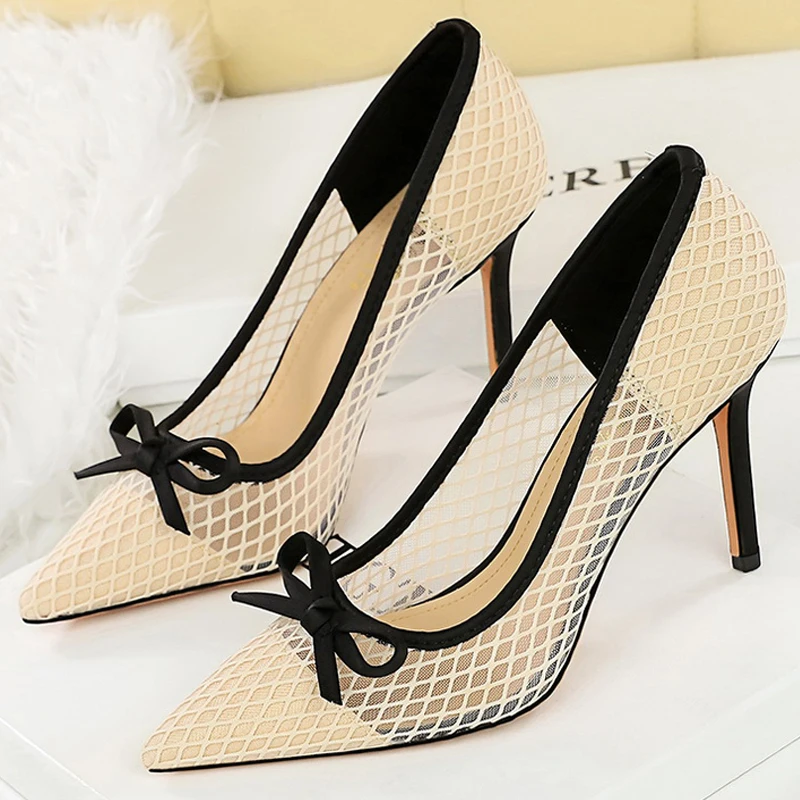 BIGTREE Shoes Сетчатые кружевные женские туфли-лодочки с бантом на высоком каблуке 9,5 см Сексуальная обувь на шпильке для вечеринок Роскошные банкетные туфли Женские туфли-лодочки 2025 Женская обувь