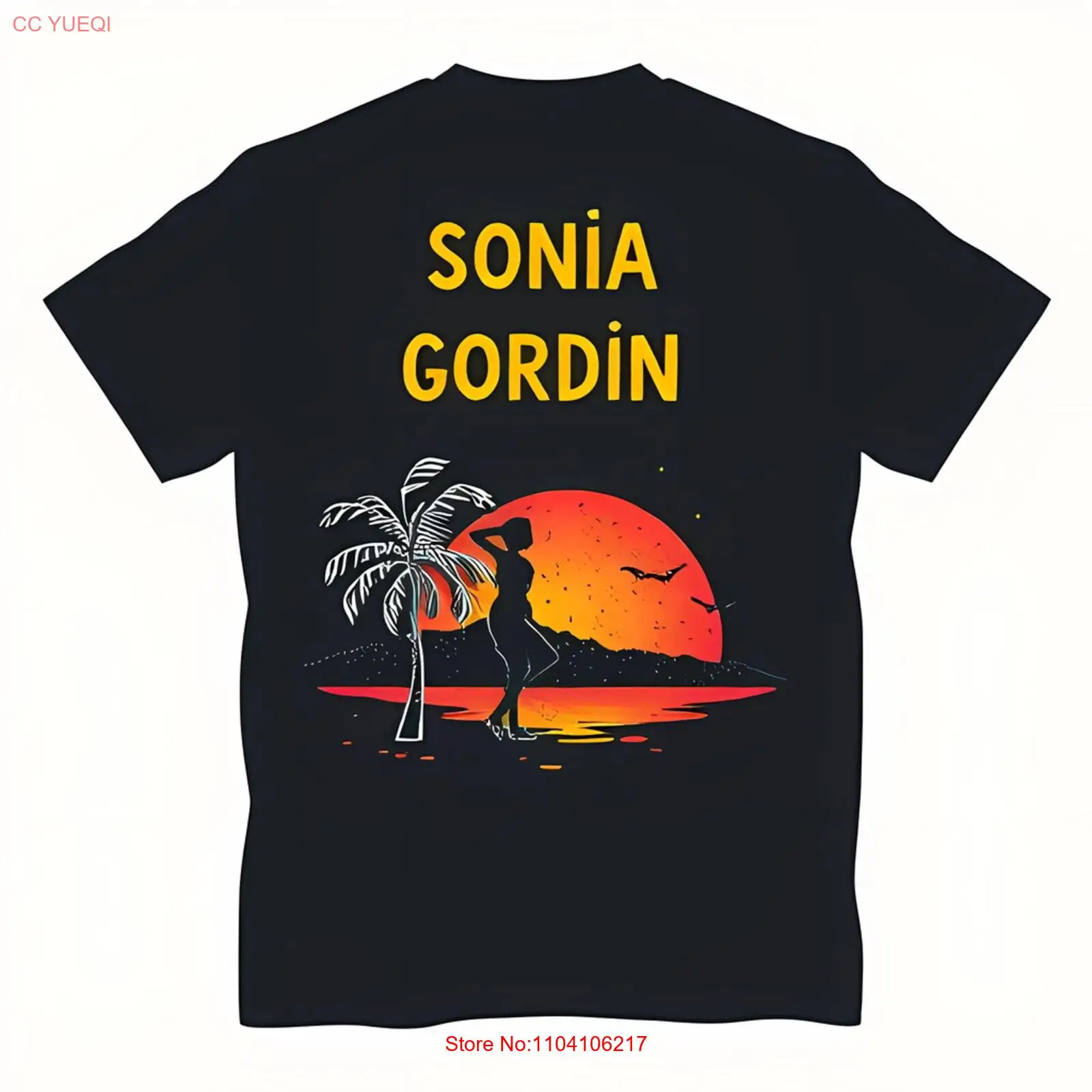 Черная футболка с надписью «SONIA GORDIN» желтого цвета и закату