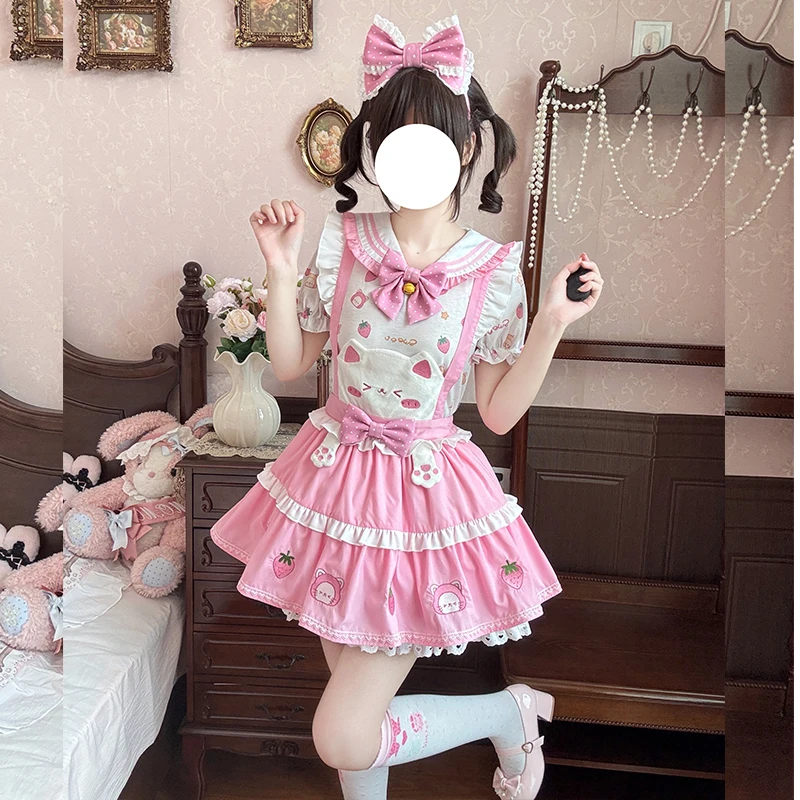 Фото Оригинальная мягкая розовая юбка Kawaii для девочек SK, топ с короткими рукавами, комплект из 2 предметов, летняя новая студенческая милая футболка с бантом, юбка на бретелях, наряды №2