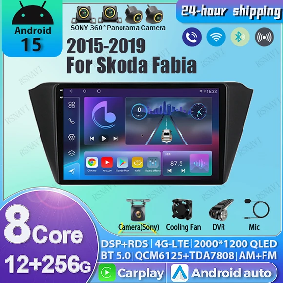 Android 15 для Skoda Fabia 2015-2019 2K QLED Android Автомобильный радиоприемник Мультимедийный видеоплеер GPS AI Голосовой CarPlay 4G + Wi-Fi Стерео