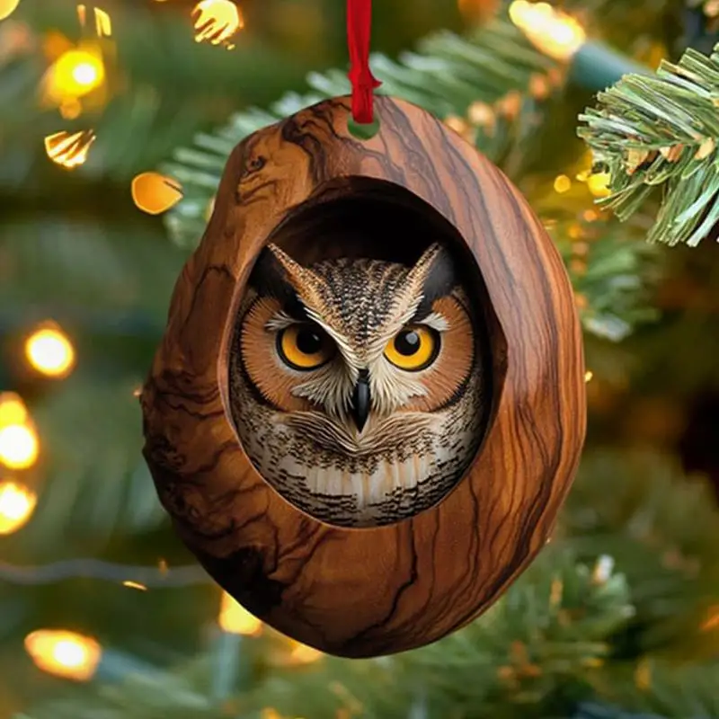 Фото Christmas Decorations Squirrel in Tree Hole Christmas Tree Ornament 2D Acrylic Pendant DIY Animal Decoration Owl Hedgehog Bunny №4