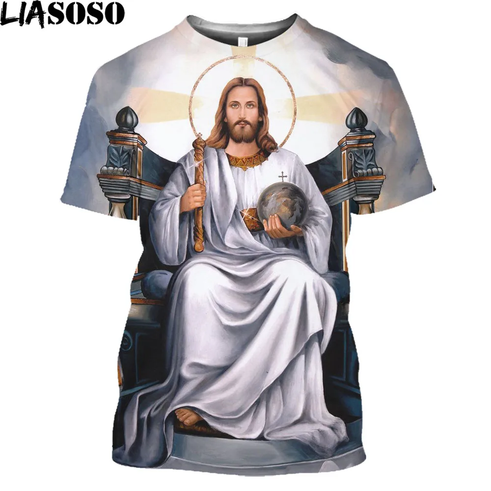 2022 Kaus Yesus Kristus Pria Wanita 3D Tuhan Женская длинная манга Kaus Harian Harajuku косплей Lengan Pendek уличная одежда