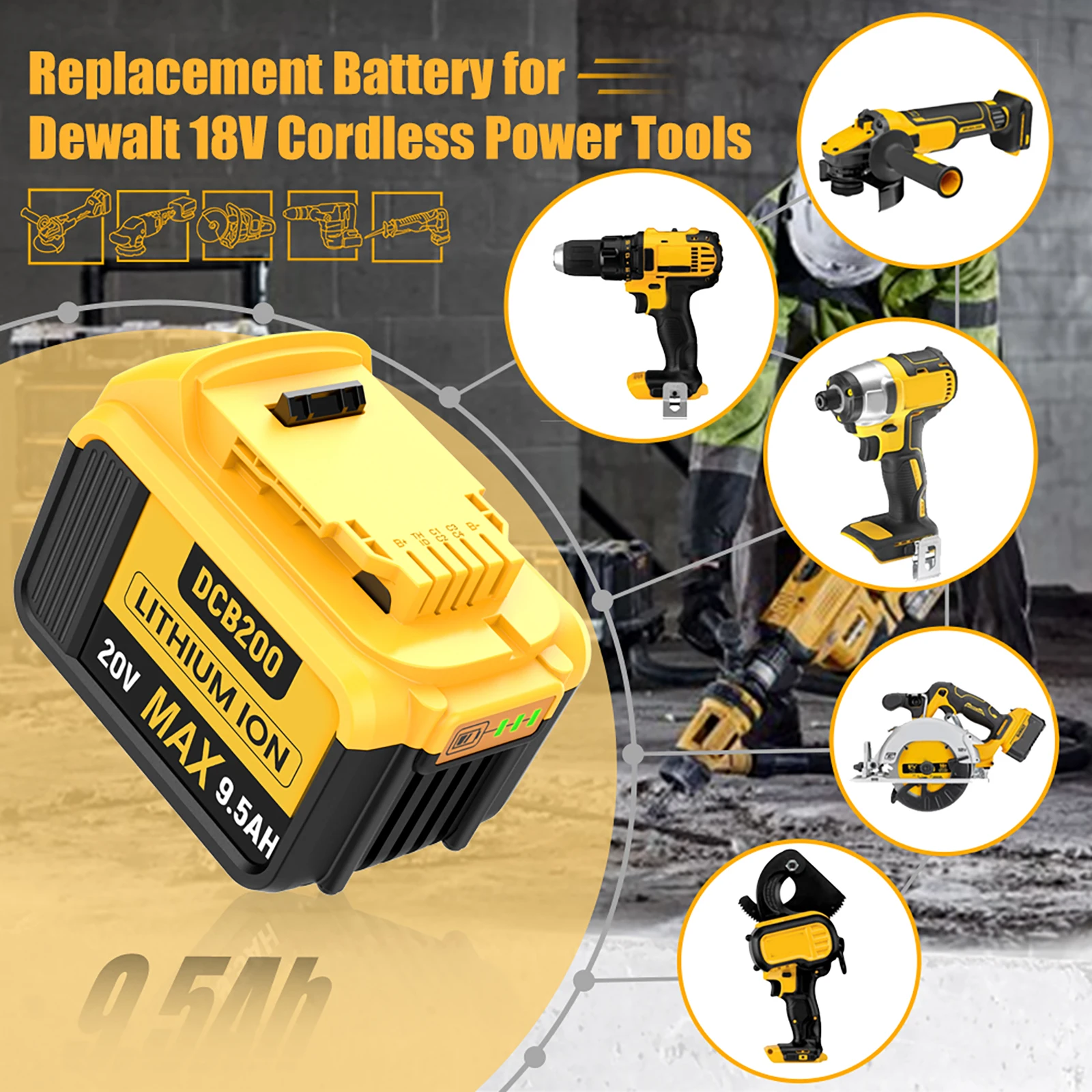 Фото Для Dewalt DCB200 аккумуляторная батарея 20 В 9500 мАч литий-ионная сменная батарея для Dewalt 20 В беспроводной электроинструмент DCV580 DCD780 №5