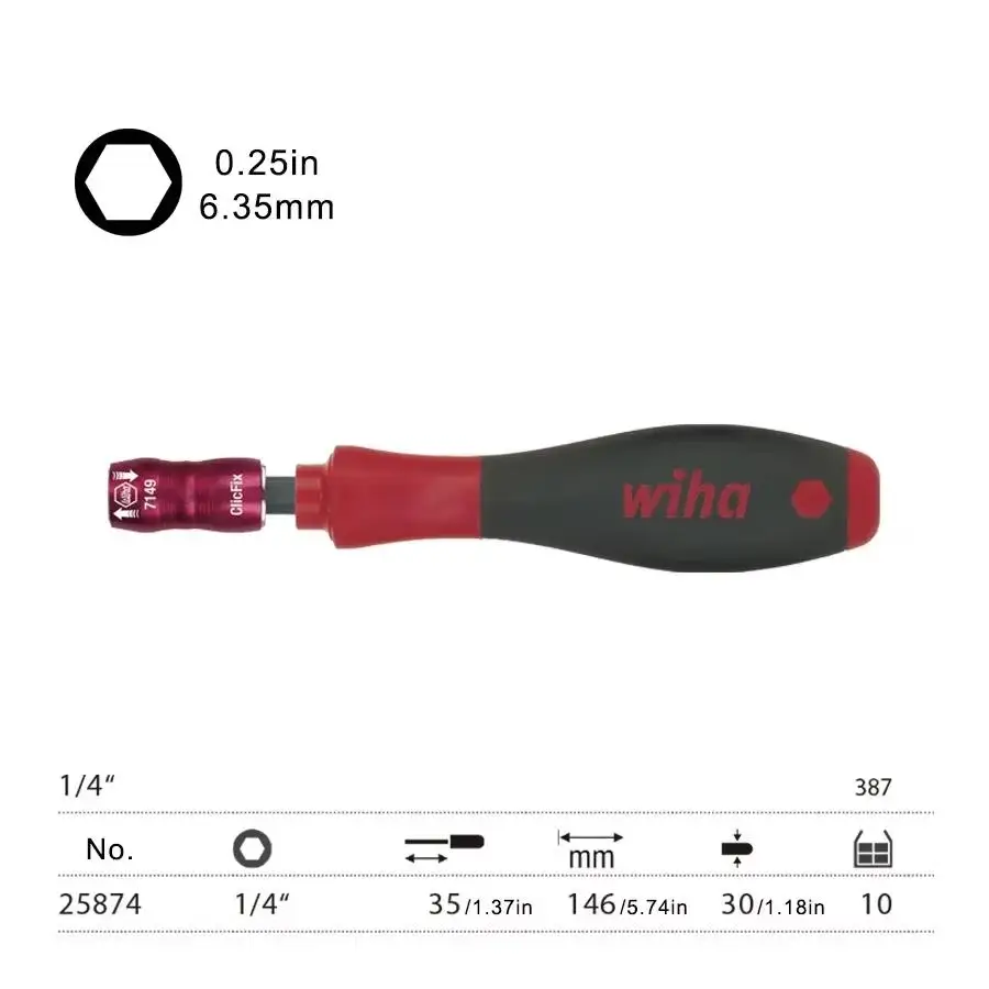 WIHA 25874 Быстросъемная головная отвертка с ручкой, механическая фиксирующая бита 1/4 дюйма.