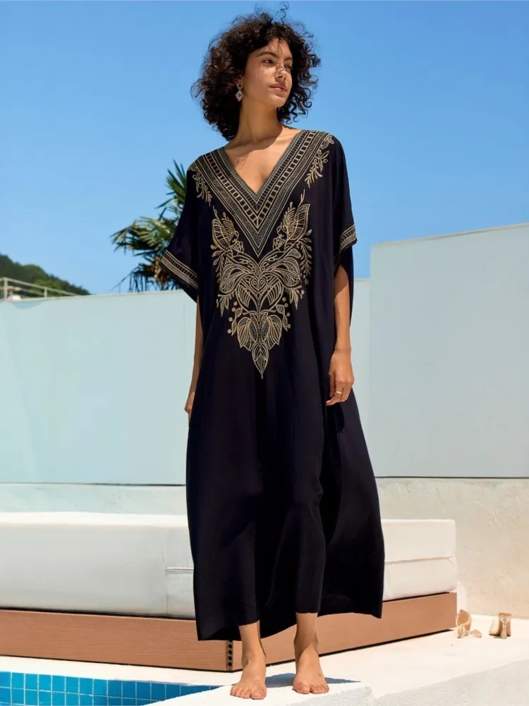 2025 Print Maxi Dress Batwing Sleeve Tunic Spring Summer Beach Dress Casual Plus Size Women Beachwear Kaftan Cover-ups