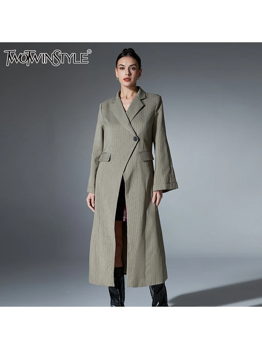 TWOTWINSTYLE полосатый пэчворк с карманами нерегулярный плащ для женщин с лацканами и длинными рукавами на пуговицах шикарные свободные длинные пальто женские