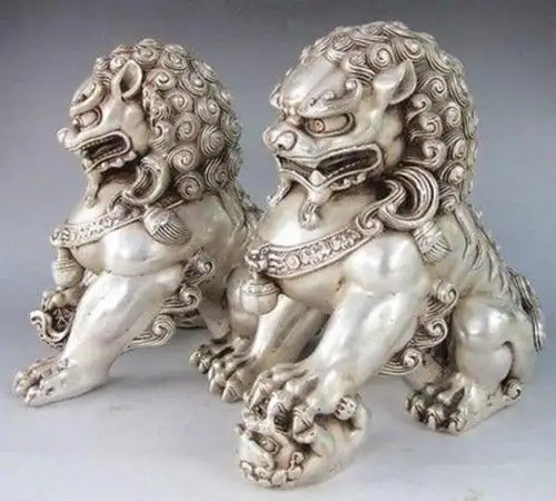 Китайская Серебряная Бронзовая статуэтка Fu Foo Dog охранник Лев, 6 дюймов, пара