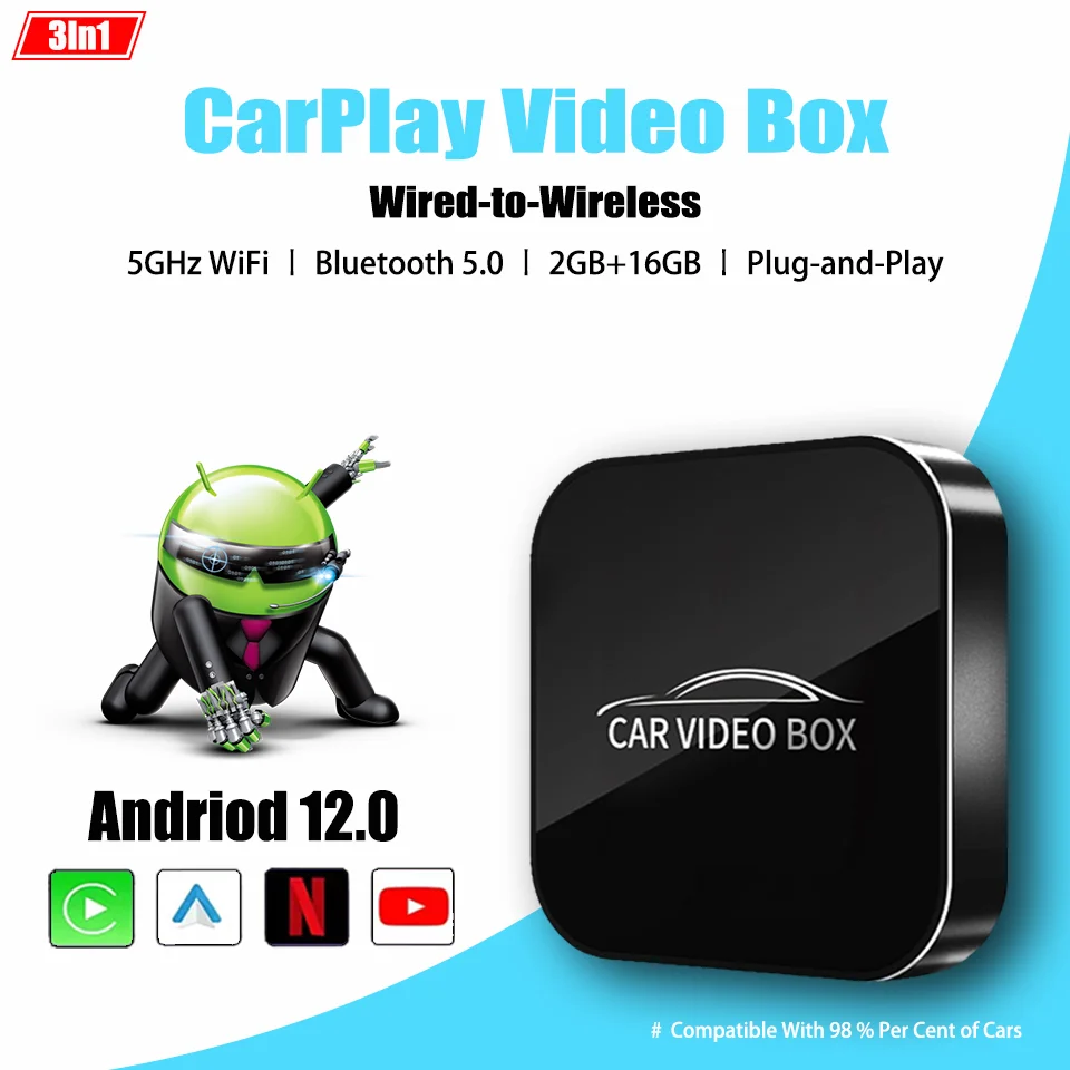 CarPlay ai Box Wireless Android Auto Wireless Carplay Мультимедийный адаптер 3 в 1 Android 12.0 Встроенный Netflix YouTube Plug & Play