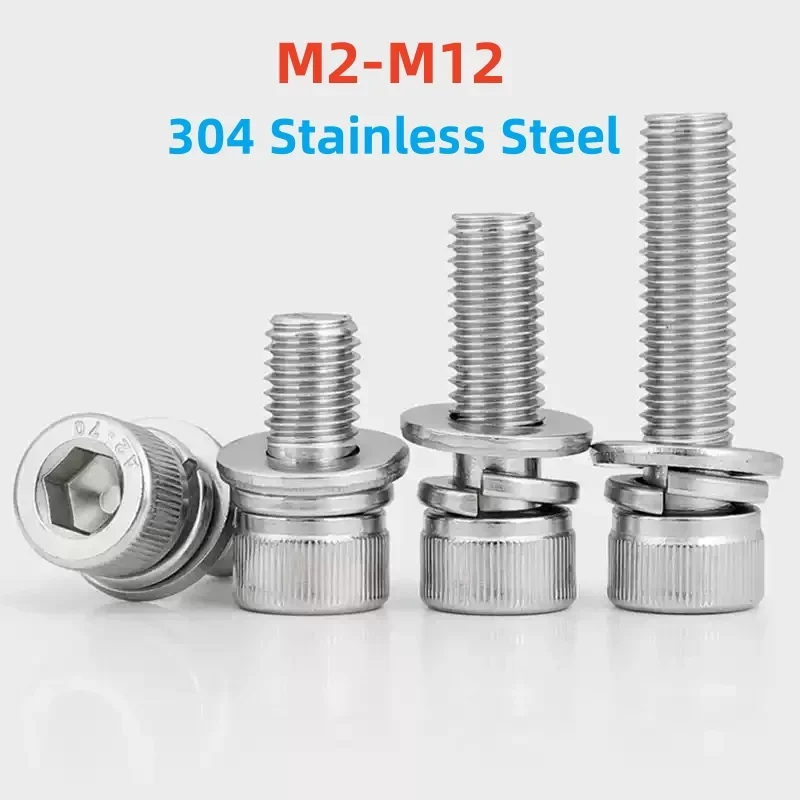 Винт M2-M12 с шестигранной головкой из нержавеющей стали 304, шестигранная головка с накаткой и плоской шайбой, пружинная прокладка, сборочные болты