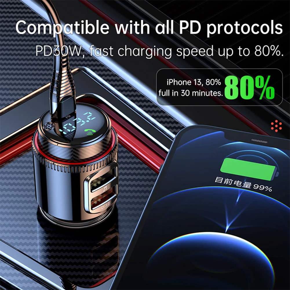 Фото Автомобильный Bluetooth-адаптер, беспроводной FM-передатчик, USB C & QC3.0, двойная быстрая зарядка, прикуриватель, радио-музыка, поддержка громкой связи №5