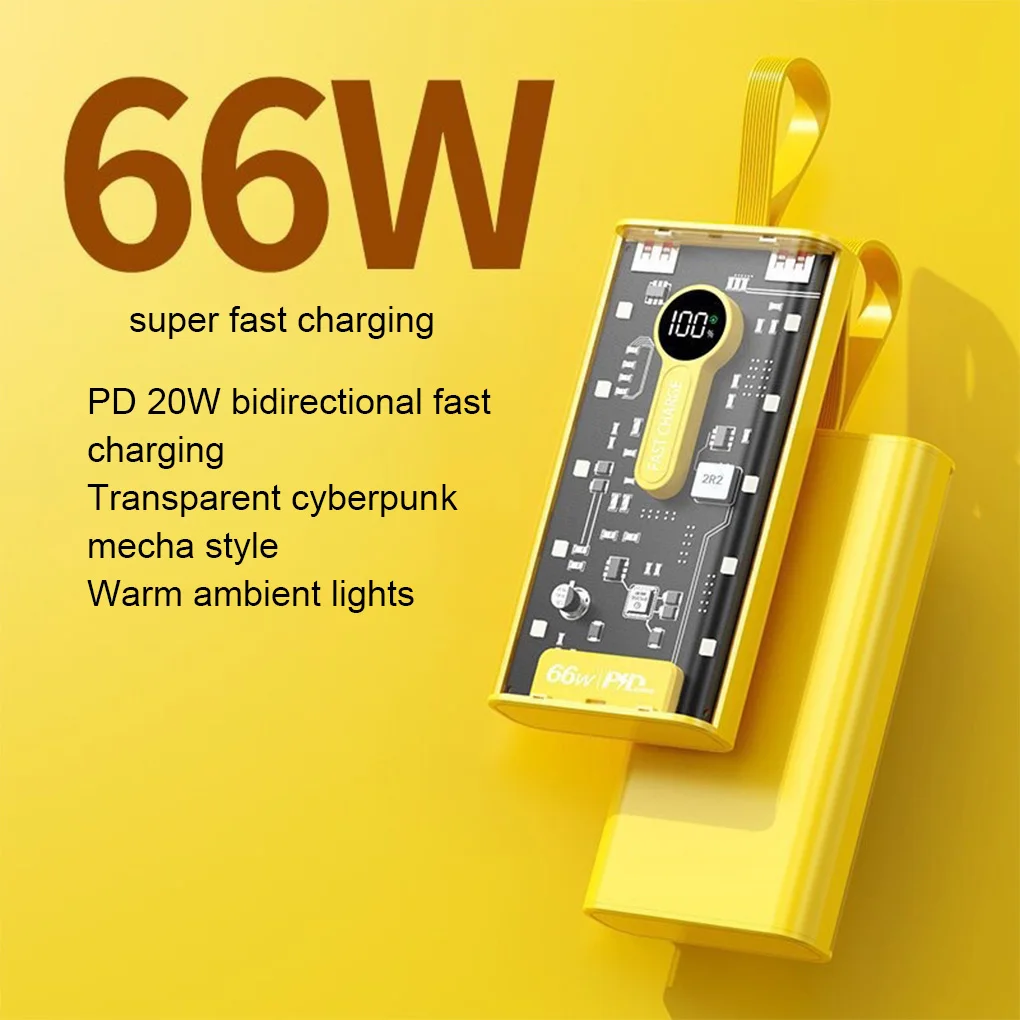Прозрачный аккумулятор Power Bank емкостью 66 Вт, 10000/20000 мАч в стиле панк, поставляется с цифровым дисплеем, портативный источник питания