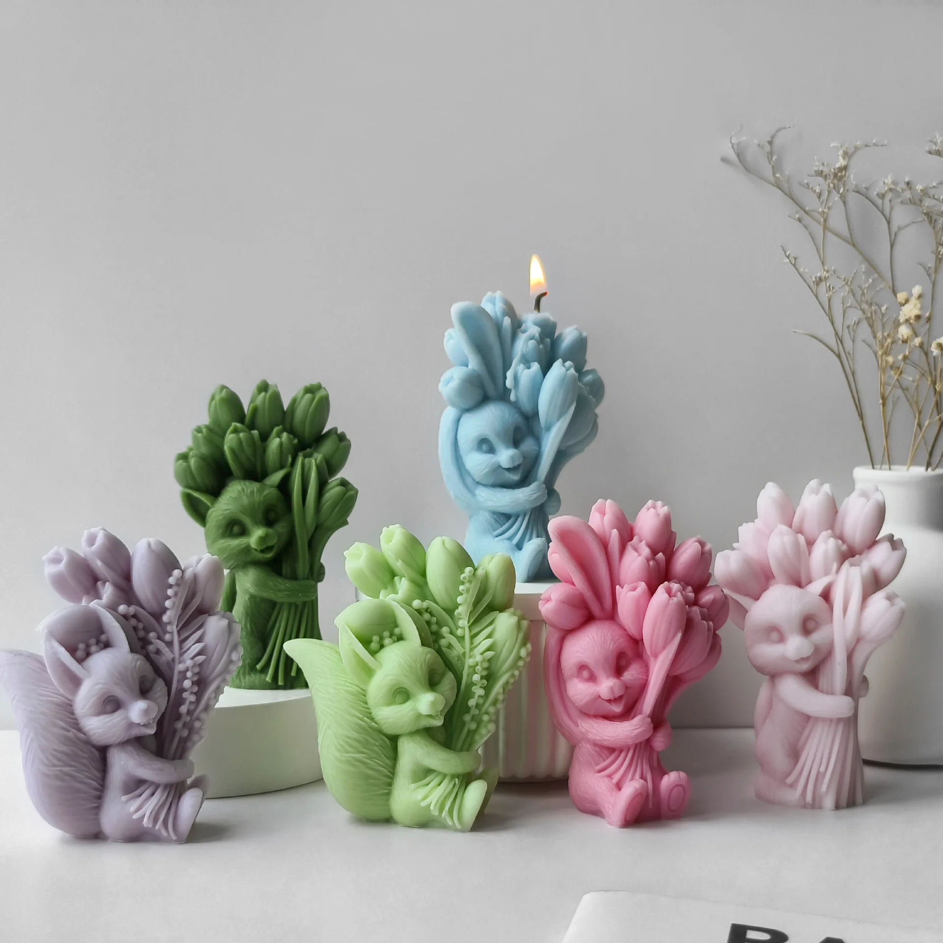 3D кролик кролик с цветком силиконовая форма DIY букет тюльпанов ароматерапия мыло ручной работы гипсовая свеча силиконовая форма