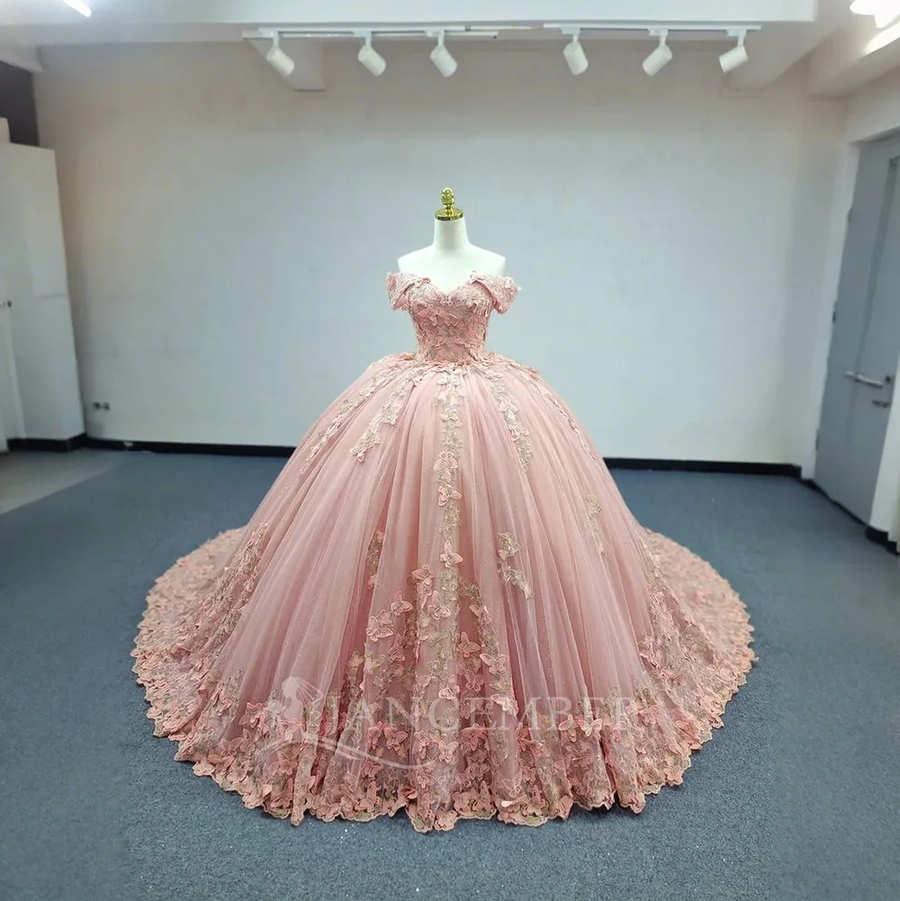 Розовые платья принцессы Quinceanera с аппликацией и короткими рукавами, бальное платье Sweet 16, платья Vestidos De 15 Años по индивидуальному заказу LSANY01