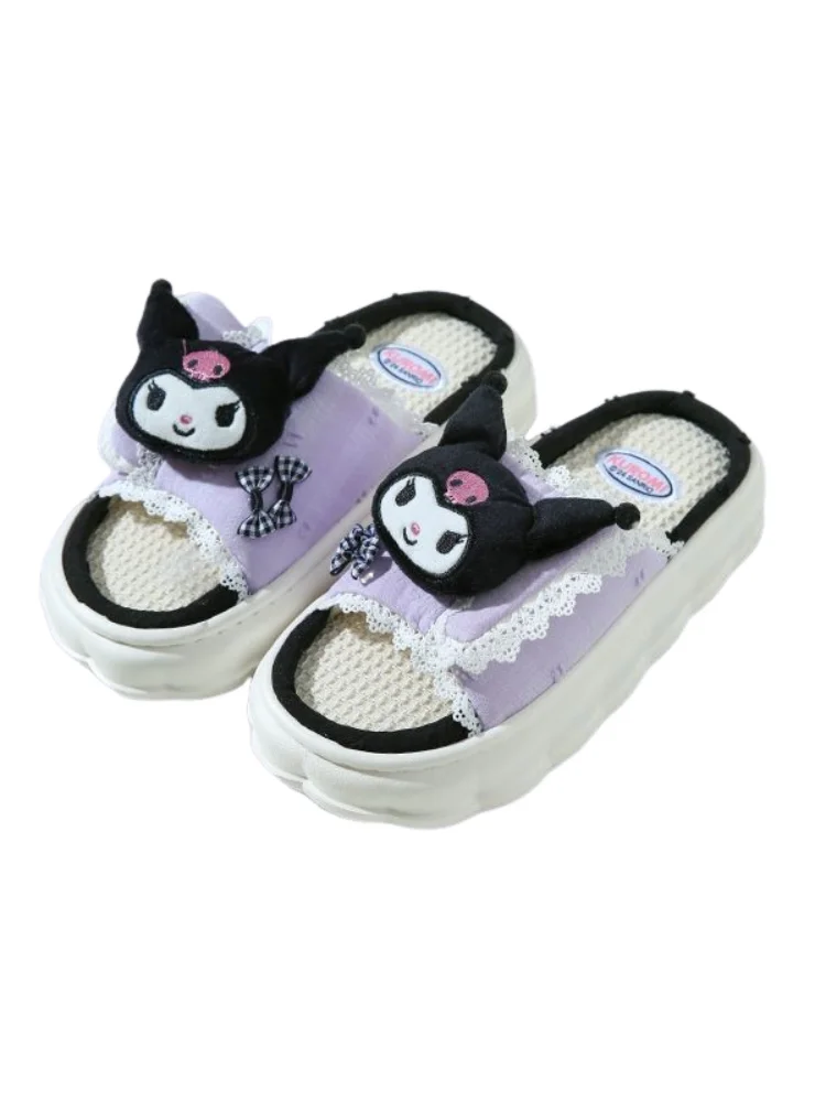 Фото Льняные тапочки Sanrio Kuromi Kawaii, сезонные тапочки для девочек, студентов, домашние домашние дышащие удобные льняные тапочки на толстой подошве №3