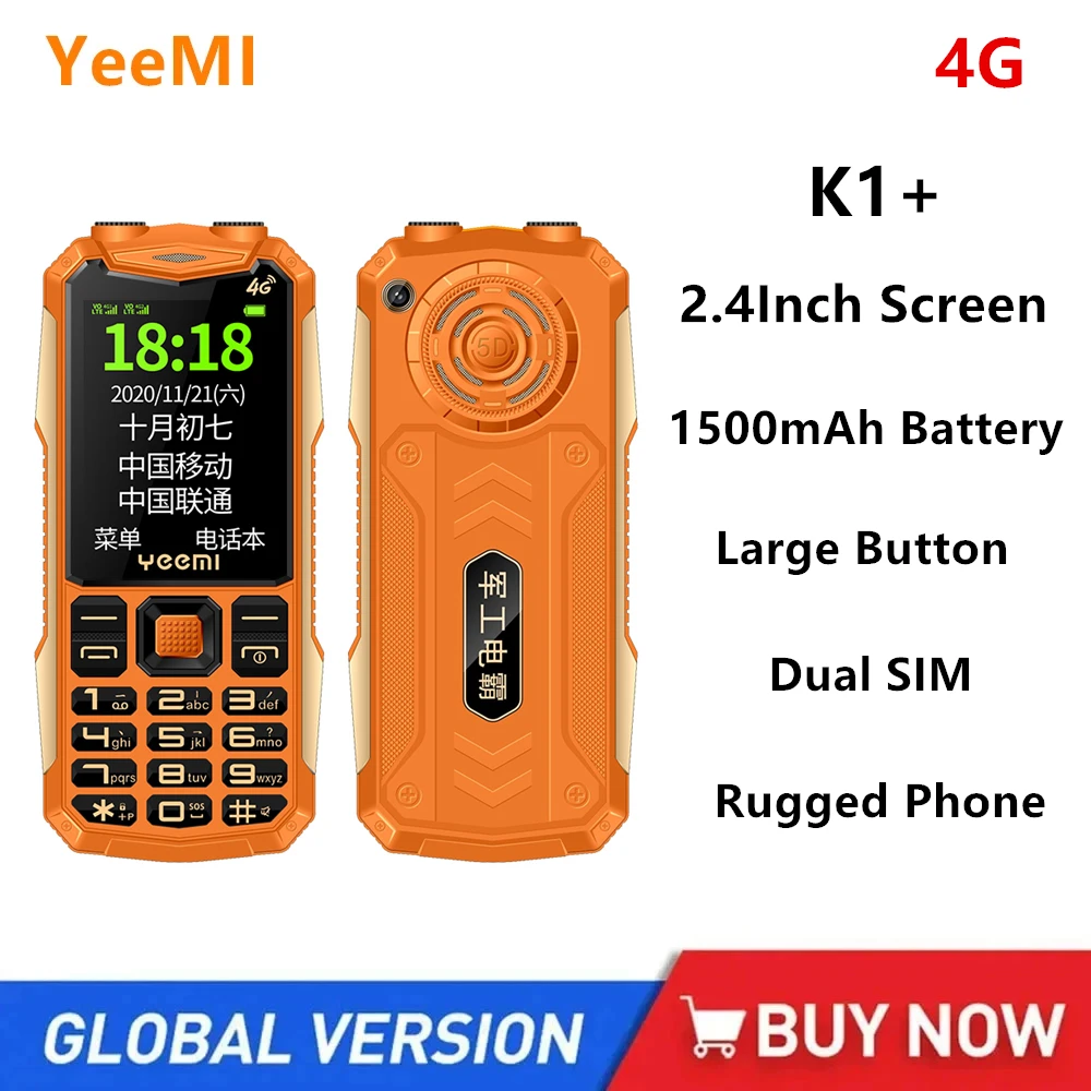 YeeMI K1 + прочный водонепроницаемый 4G Полнодиапазонный функциональный телефон 2,4 дюйма кнопка SOS большой громкоговоритель фотосессия 1500 мАч аккумулятор