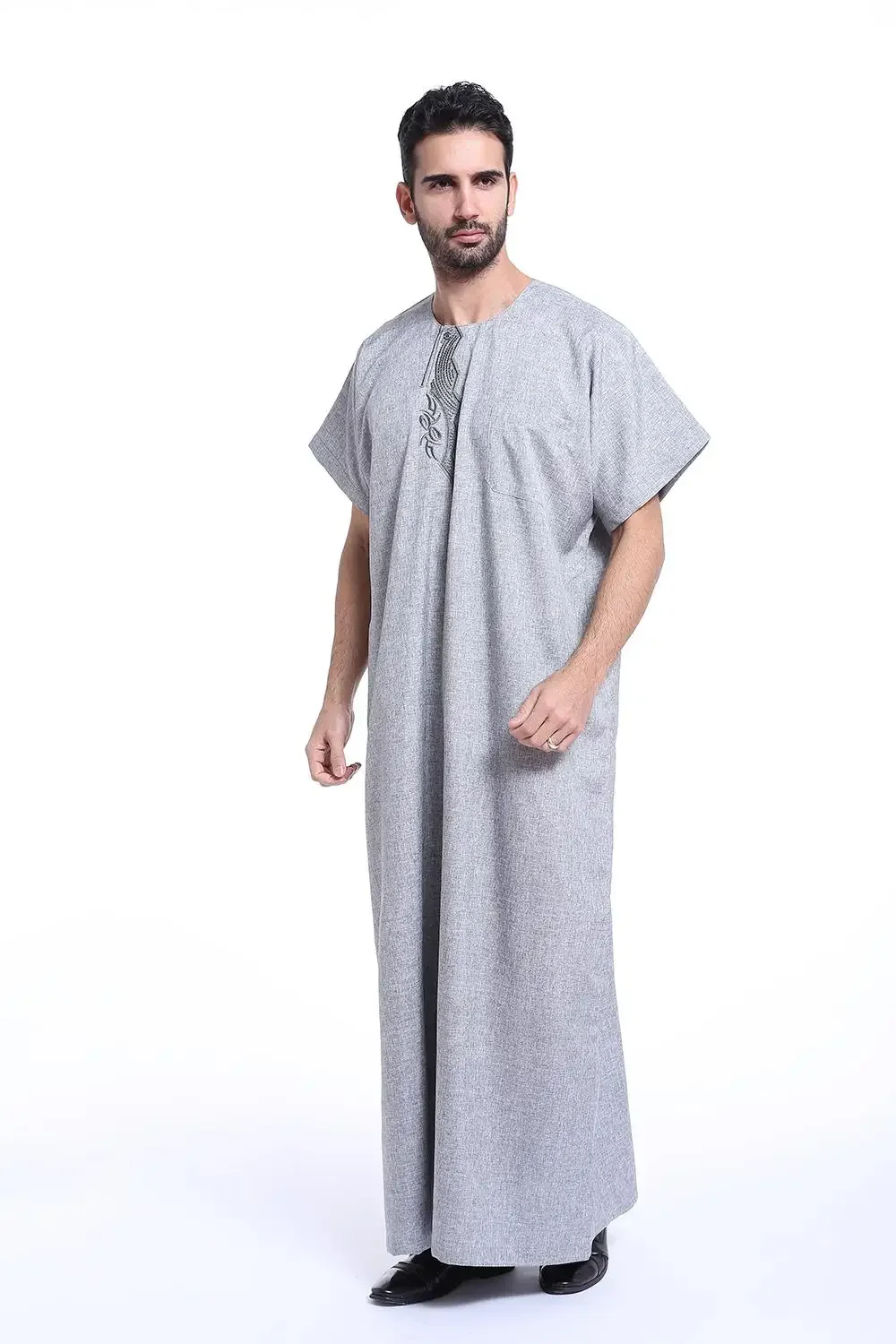 Фото Исламский Саудовский Халат Кафтан Thawb Мужчины Мусульманский Мусульманский Круглый Вышивка Дубай Длинная Абая Рамадан Тобе Аравия Платье Кафтан С Короткими Рукавами №4