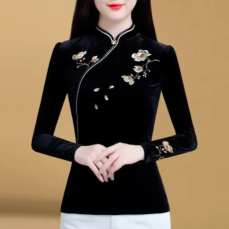 Фото Топ Cheongsam с вышивкой в китайском стиле, новая зимняя элегантная бархатная утолщенная базовая рубашка в стиле ретро №3